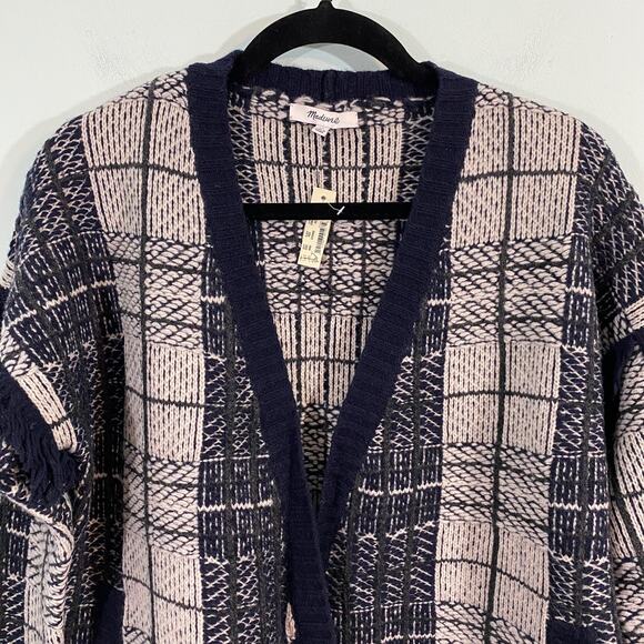 Madewell Women's Navy Plaid Fringe Wool Cardigan Sweater Sz XS NWT - Picture 3 of 10